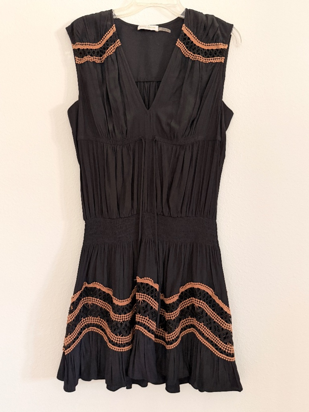 Ramy Brook Black Brown V-Neck Sleeveless Crochet Trim Dress S/P